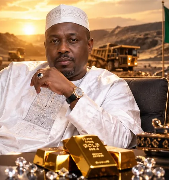 Chérif Moussa en tenue blanche, entouré de lingots d'or et de diamants, devant une mine au coucher du soleil